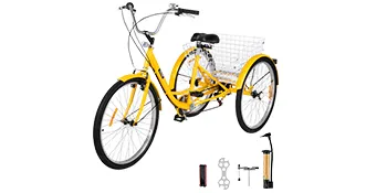 Triciclo para adultos VEVOR amarillo de 26 pulgadas con cesta trasera y accesorios incluidos.
