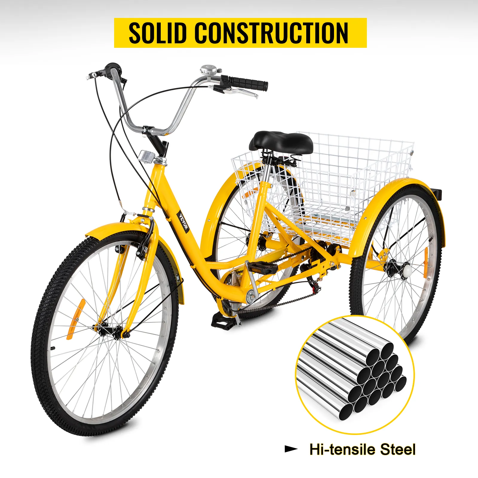 Triciclo para adultos VEVOR amarillo de 26 pulgadas con canasta trasera y marco de acero de alta resistencia.