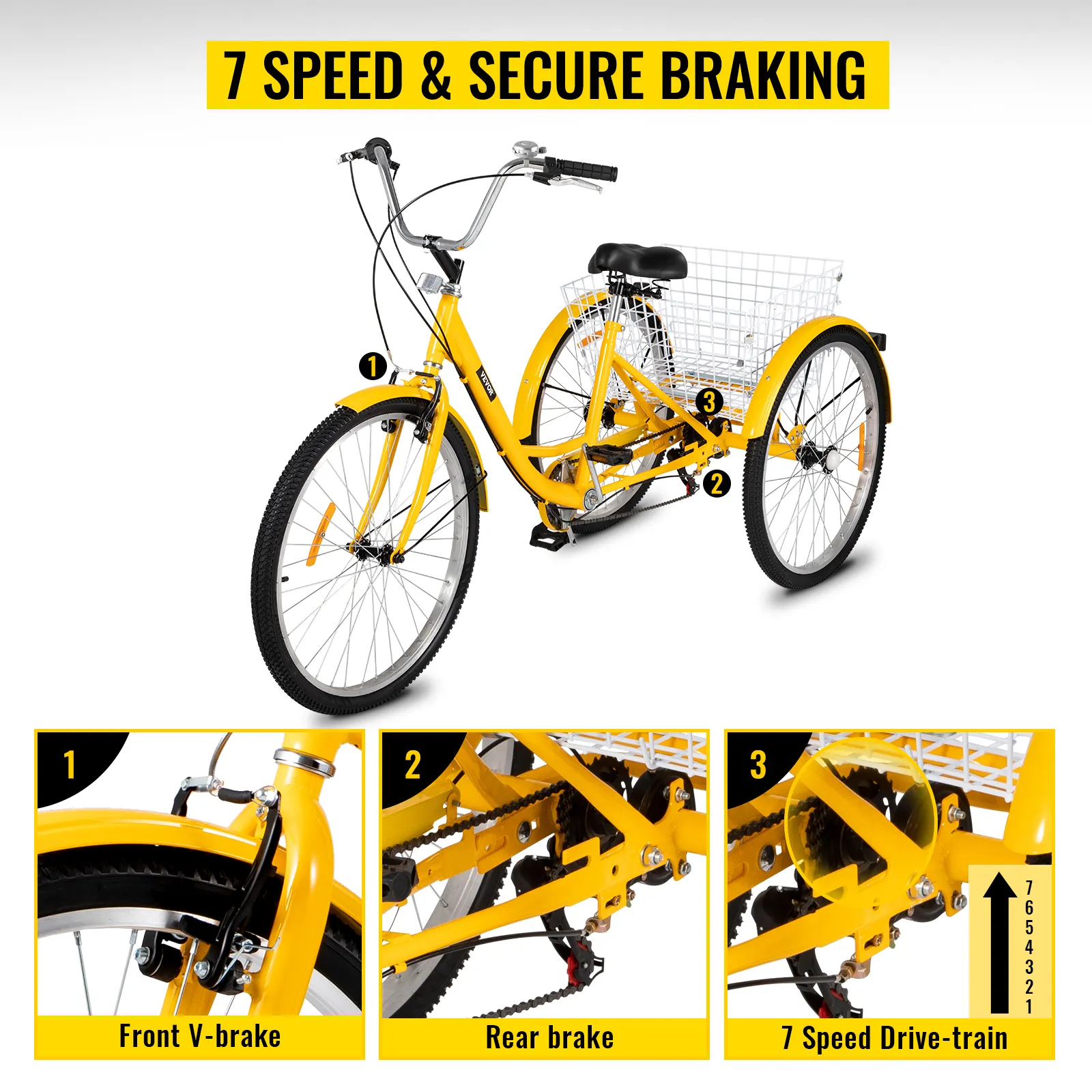 Triciclo para adultos VEVOR amarillo de 26 pulgadas con transmisión de 7 velocidades y sistema de frenado seguro.