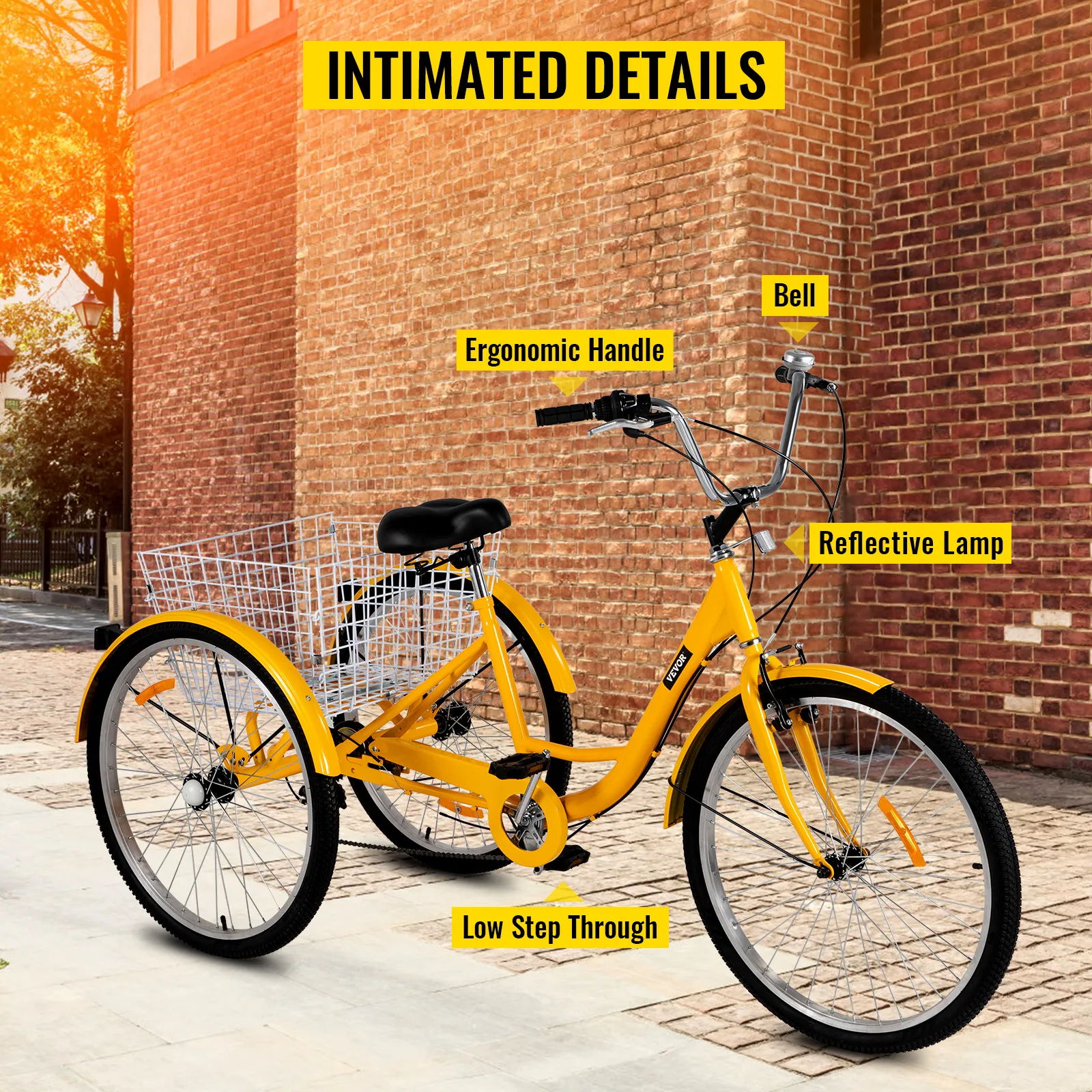 Triciclo para adultos VEVOR amarillo de 26 pulgadas con mango ergonómico, timbre y paso bajo.