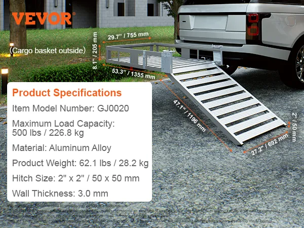 VEVOR hitch mount cargo carrier with ramp attached to a vehicle, detailed specs and package content.