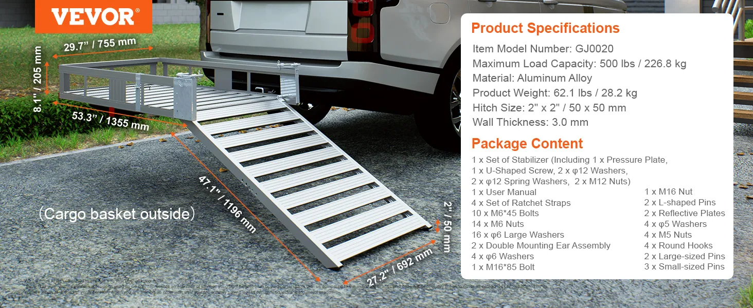 VEVOR hitch mount cargo carrier with ramp attached to a vehicle, detailed specs and package content.