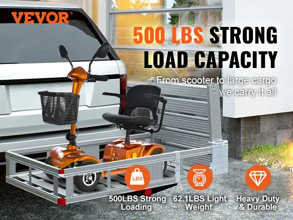 VEVOR hitch mount cargo carrier on a vehicle, carrying an orange mobility scooter with 500 lbs load capacity.