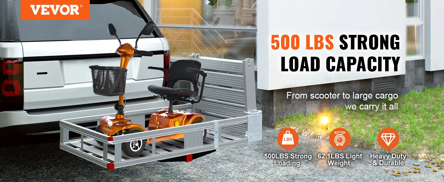 VEVOR hitch mount cargo carrier on a vehicle, carrying an orange mobility scooter with 500 lbs load capacity.