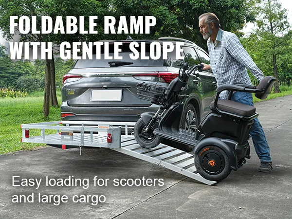VEVOR hitch mount cargo carrier with foldable ramp for easy scooter and large cargo loading.