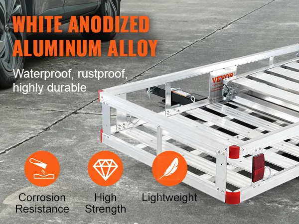 VEVOR hitch mount cargo carrier made of white anodized aluminum alloy, displaying corrosion resistance, high strength