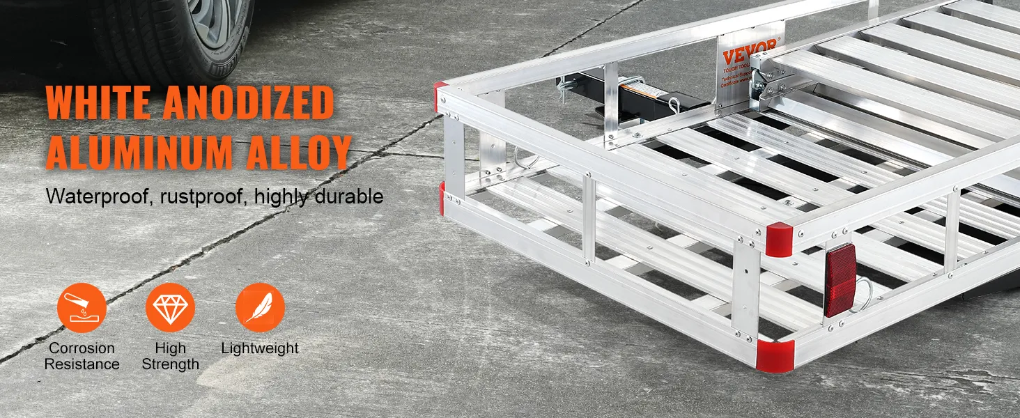 VEVOR hitch mount cargo carrier made of white anodized aluminum alloy, displaying corrosion resistance, high strength