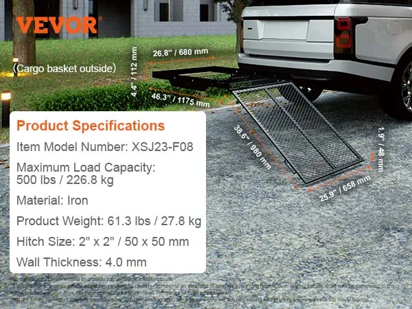 VEVOR hitch mount cargo carrier attached to vehicle, showing dimensional details and product specifications.
