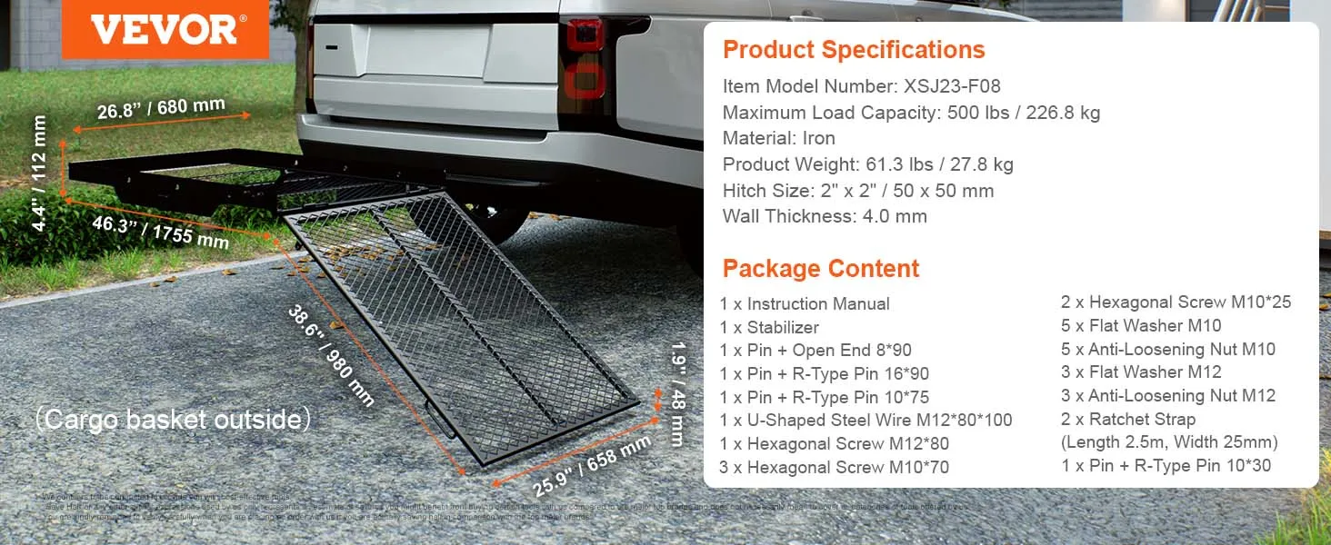 VEVOR hitch mount cargo carrier attached to vehicle, showing dimensional details and product specifications.
