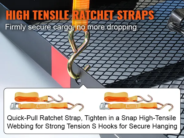 high tensile ratchet straps securing cargo on VEVOR hitch mount cargo carrier with quick-pull ratchet.