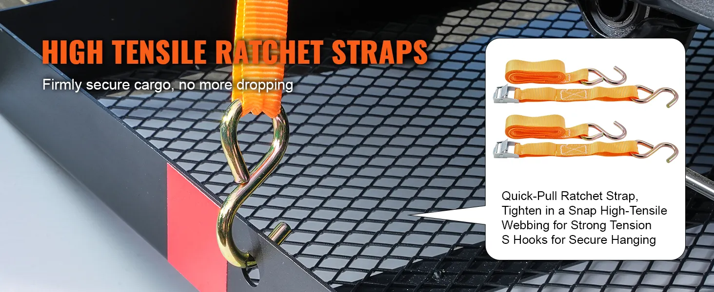 high tensile ratchet straps securing cargo on VEVOR hitch mount cargo carrier with quick-pull ratchet.