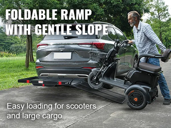 VEVOR hitch mount cargo carrier with foldable ramp for easy loading of scooters and large cargo.