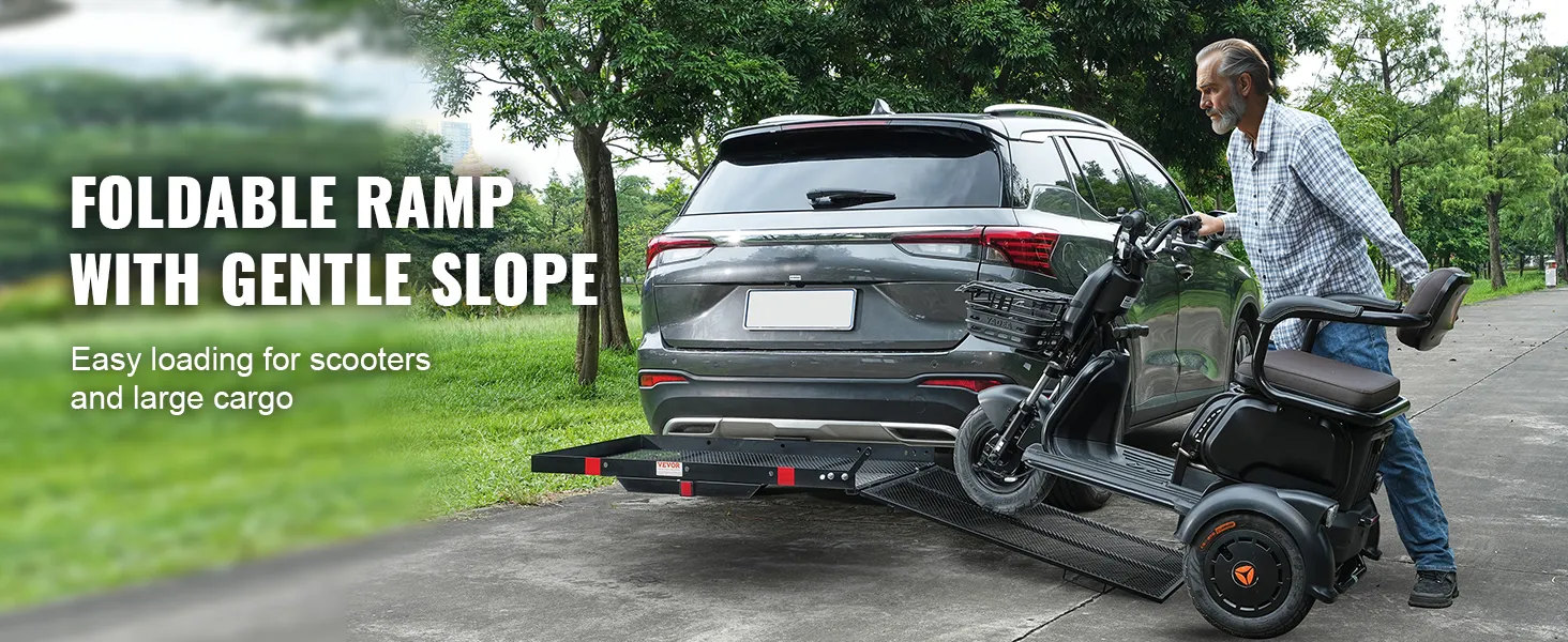 VEVOR hitch mount cargo carrier with foldable ramp for easy loading of scooters and large cargo.