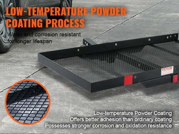 VEVOR hitch mount cargo carrier with low-temperature powder coating, water, and corrosion resistant.