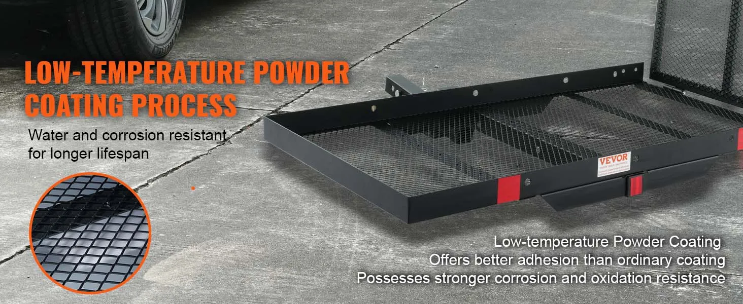 VEVOR hitch mount cargo carrier with low-temperature powder coating, water, and corrosion resistant.