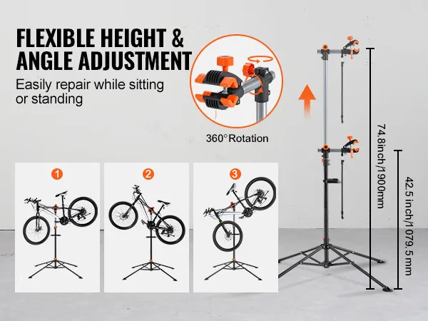 Supporto per riparazione bici VEVOR con altezza regolabile, rotazione a 360° e stabilità per una facile manutenzione della bici.