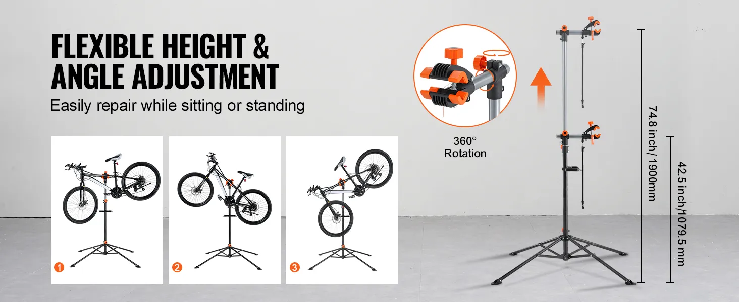 Supporto per riparazione bici VEVOR con altezza regolabile, rotazione a 360° e stabilità per una facile manutenzione della bici.
