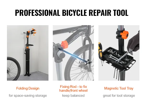 Supporto per riparazione bici VEVOR con design pieghevole, asta di fissaggio per maggiore stabilità e vassoio magnetico per riporre gli attrezzi.
