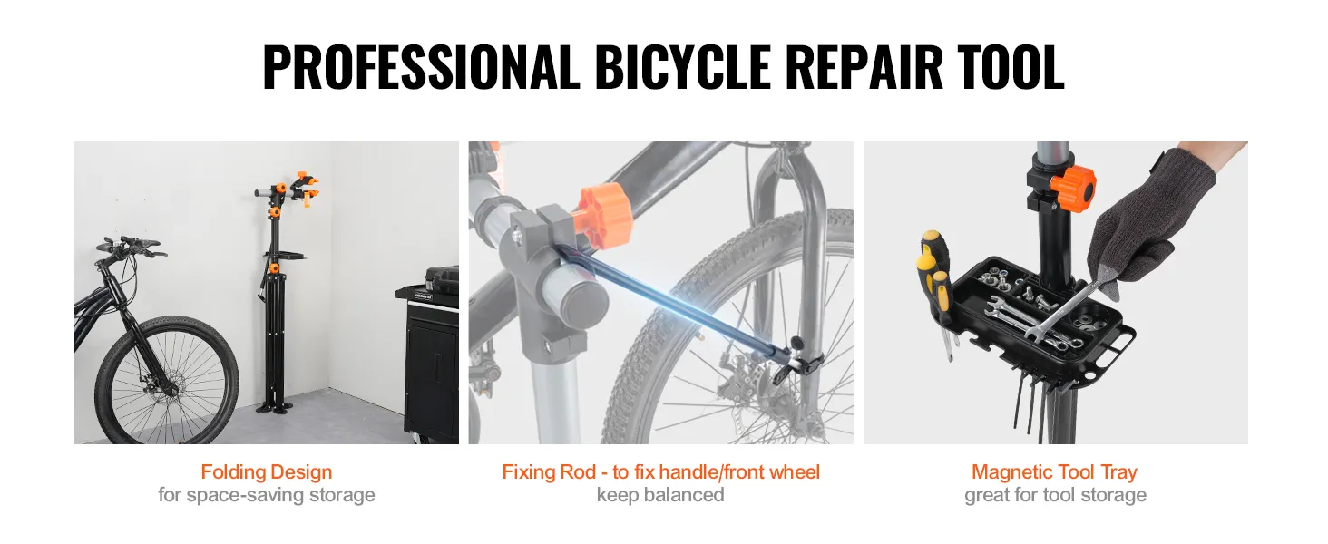 Supporto per riparazione bici VEVOR con design pieghevole, asta di fissaggio per maggiore stabilità e vassoio magnetico per riporre gli attrezzi.