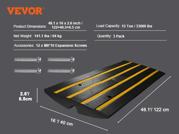 VEVOR Curb Ramp, 3 Pack Rubber Driveway Ramps, Heavy Duty 33069 lbs Weight Capacity Threshold Ramp, 2.6-inch High Curbside Bridge Ramps for Loading Dock Garage Sidewalk, Expandable Full Ramp Set