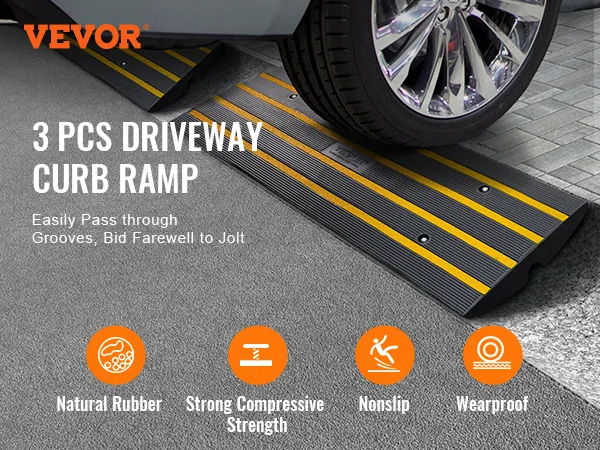 VEVOR Curb Ramp, 3 Pack Rubber Driveway Ramps, Heavy Duty 33069 lbs Weight Capacity Threshold Ramp, 2.6-inch High Curbside Bridge Ramps for Loading Dock Garage Sidewalk, Expandable Full Ramp Set