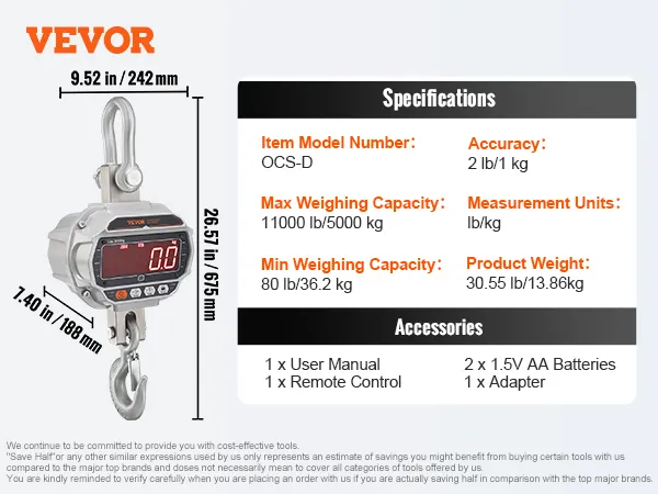 Báscula de grúa digital VEVOR que muestra dimensiones, número de modelo ocs-d y especificaciones de precisión y capacidad.