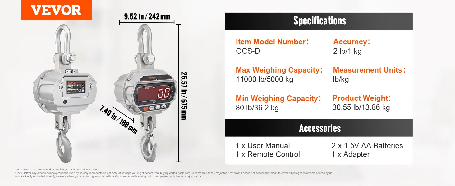Báscula de grúa digital VEVOR que muestra dimensiones, número de modelo ocs-d y especificaciones de precisión y capacidad.