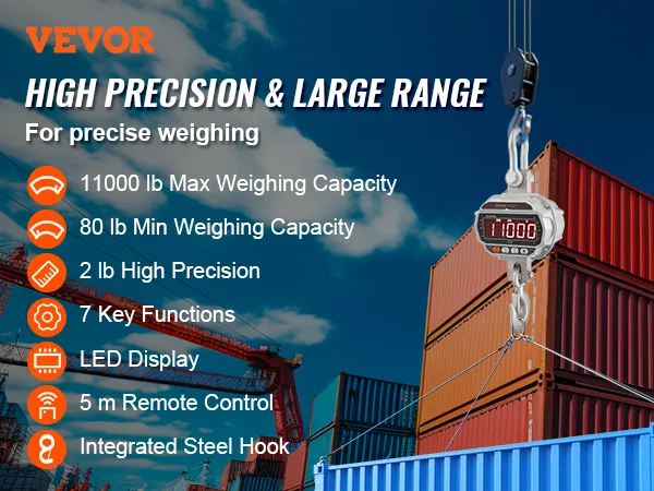 Báscula de grúa digital VEVOR que destaca por su pesaje de precisión; capacidad de 11000 lb, pantalla LED y control remoto.