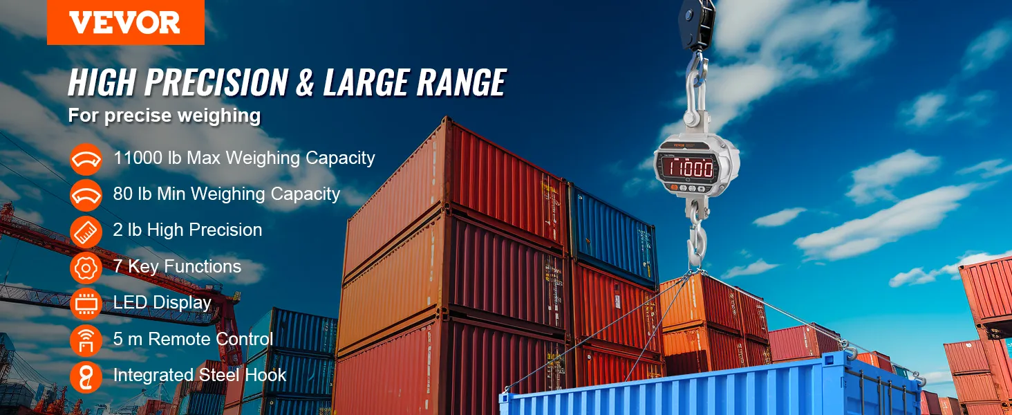 Báscula de grúa digital VEVOR que destaca por su pesaje de precisión; capacidad de 11000 lb, pantalla LED y control remoto.