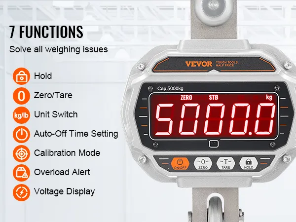 Báscula de grúa digital VEVOR con 7 funciones que incluyen retención, cero/tara, cambio de unidad y alerta de sobrecarga.