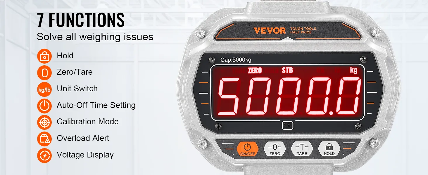 Báscula de grúa digital VEVOR con 7 funciones que incluyen retención, cero/tara, cambio de unidad y alerta de sobrecarga.