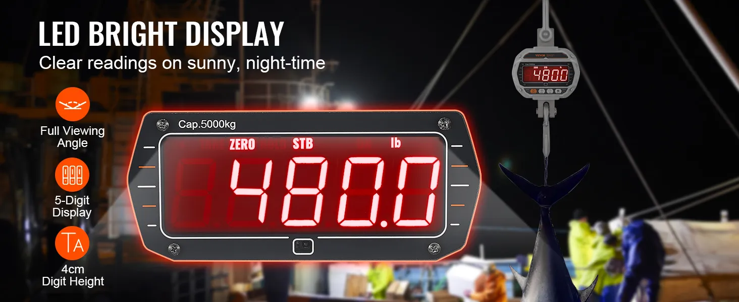 Báscula de grúa digital VEVOR con pantalla LED y capacidad de 5000 kg por la noche, muestra 480,0 lb.