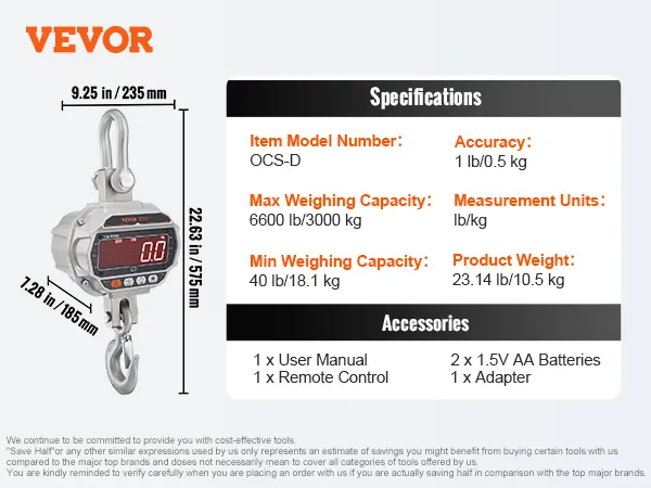 Báscula de grúa digital VEVOR con capacidad de 6600 lb, modelo ocs-d, pantalla LED y accesorios incluidos.