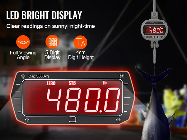 Pantalla LED de la báscula de grúa digital VEVOR que muestra una capacidad de 4800 lb con lecturas claras y ángulo de visión completo.