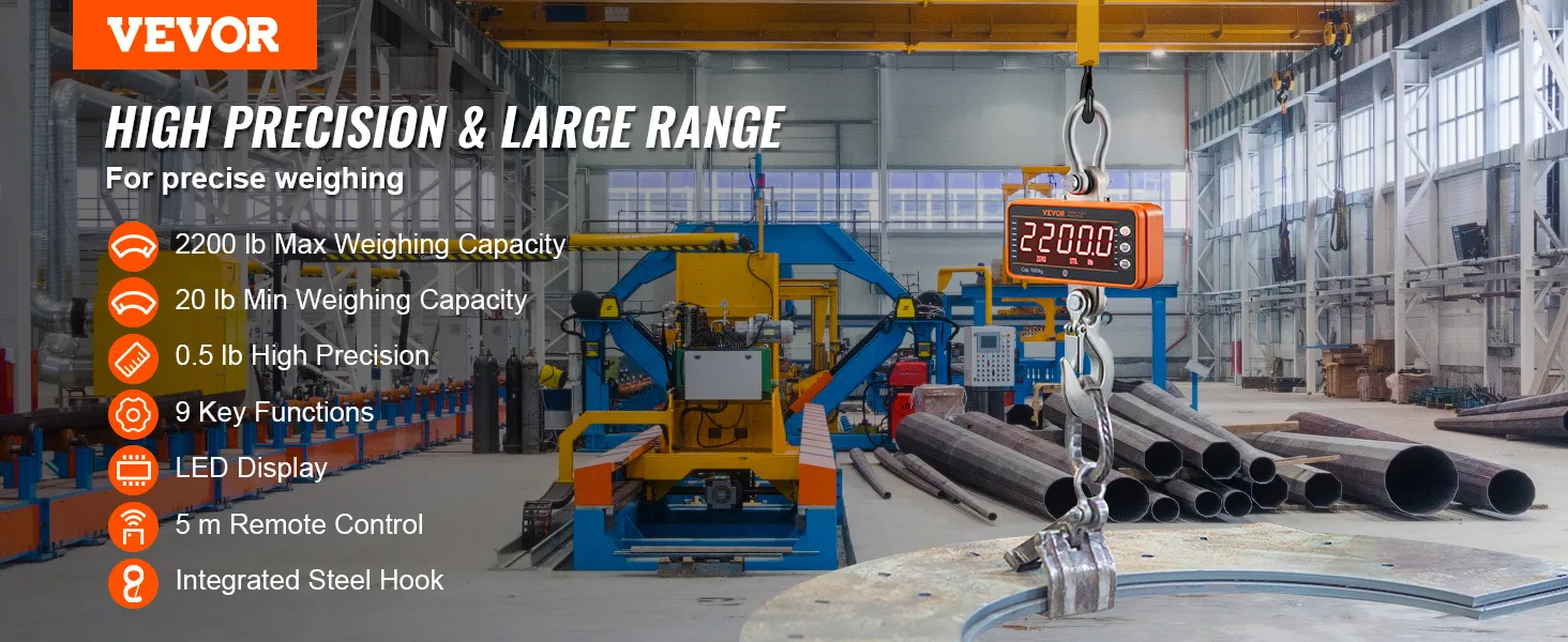 Báscula de grúa digital VEVOR en un entorno industrial con capacidad máxima de pesaje de 2200 lb y pantalla LED.