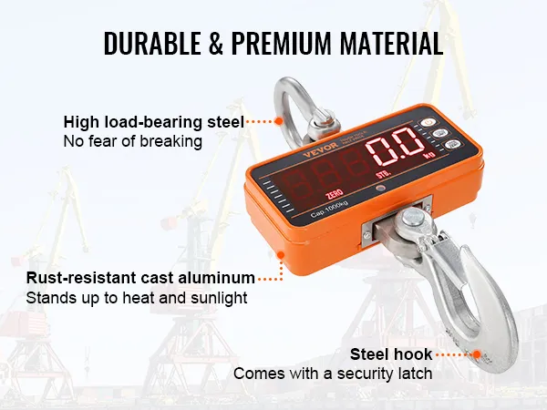 Báscula de grúa digital VEVOR con gancho de acero, aluminio resistente a la oxidación, alta capacidad de carga.