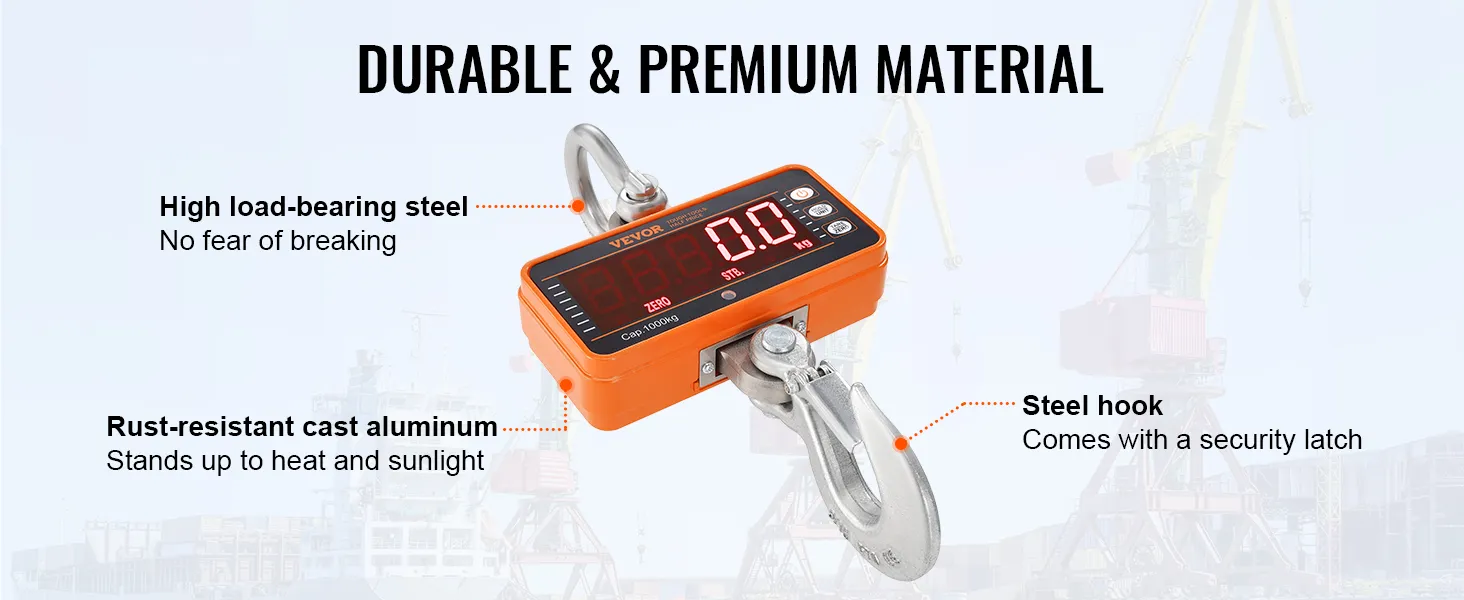 VEVOR digital crane scale with steel hook, rust-resistant aluminum, high load-bearing capacity.