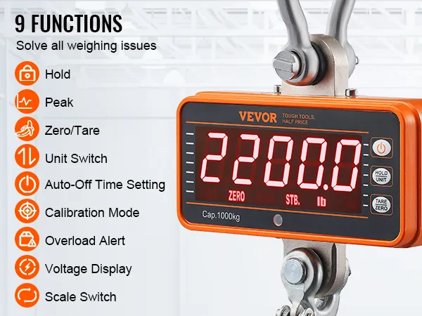 Báscula de grúa digital VEVOR con visualización de peso y 9 funciones para soluciones de pesaje óptimas. Capacidad 1000 kg.