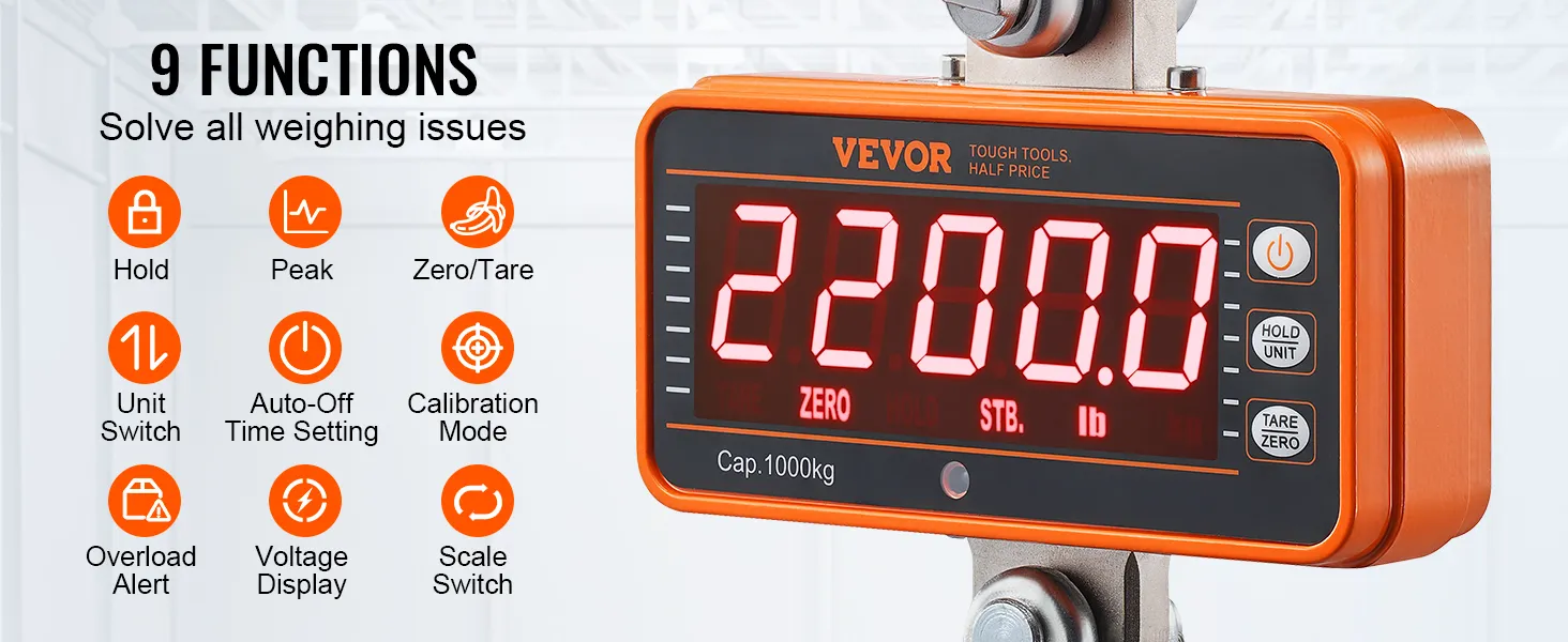 Báscula de grúa digital VEVOR con visualización de peso y 9 funciones para soluciones de pesaje óptimas. Capacidad 1000 kg.