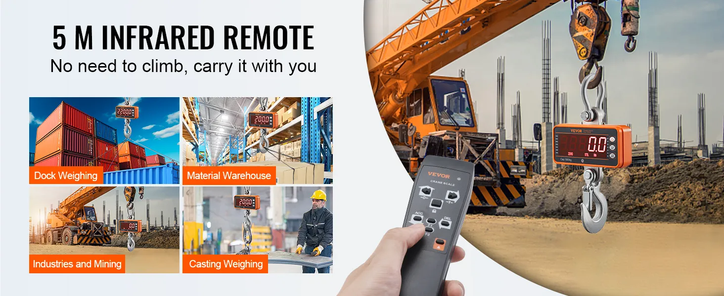 Báscula de grúa digital VEVOR con control remoto infrarrojo de 5 m para pesaje de muelles, almacén de materiales, industrias y fundición.