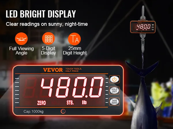 Báscula de grúa digital VEVOR con pantalla LED brillante de 5 dígitos y ángulo de visión completo para lecturas claras.