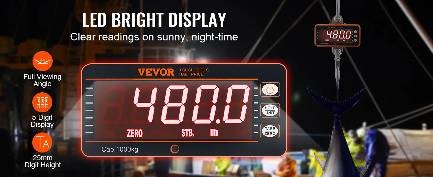 Báscula de grúa digital VEVOR con pantalla LED brillante de 5 dígitos y ángulo de visión completo para lecturas claras.