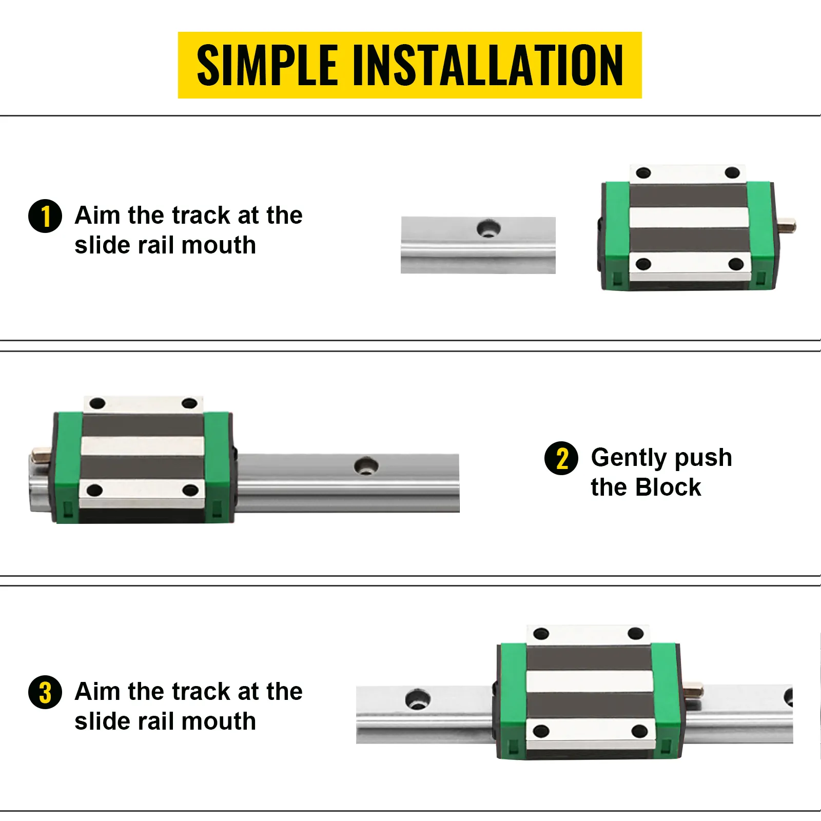VEVOR linear rail kit installation steps with green blocks and silver rail track.