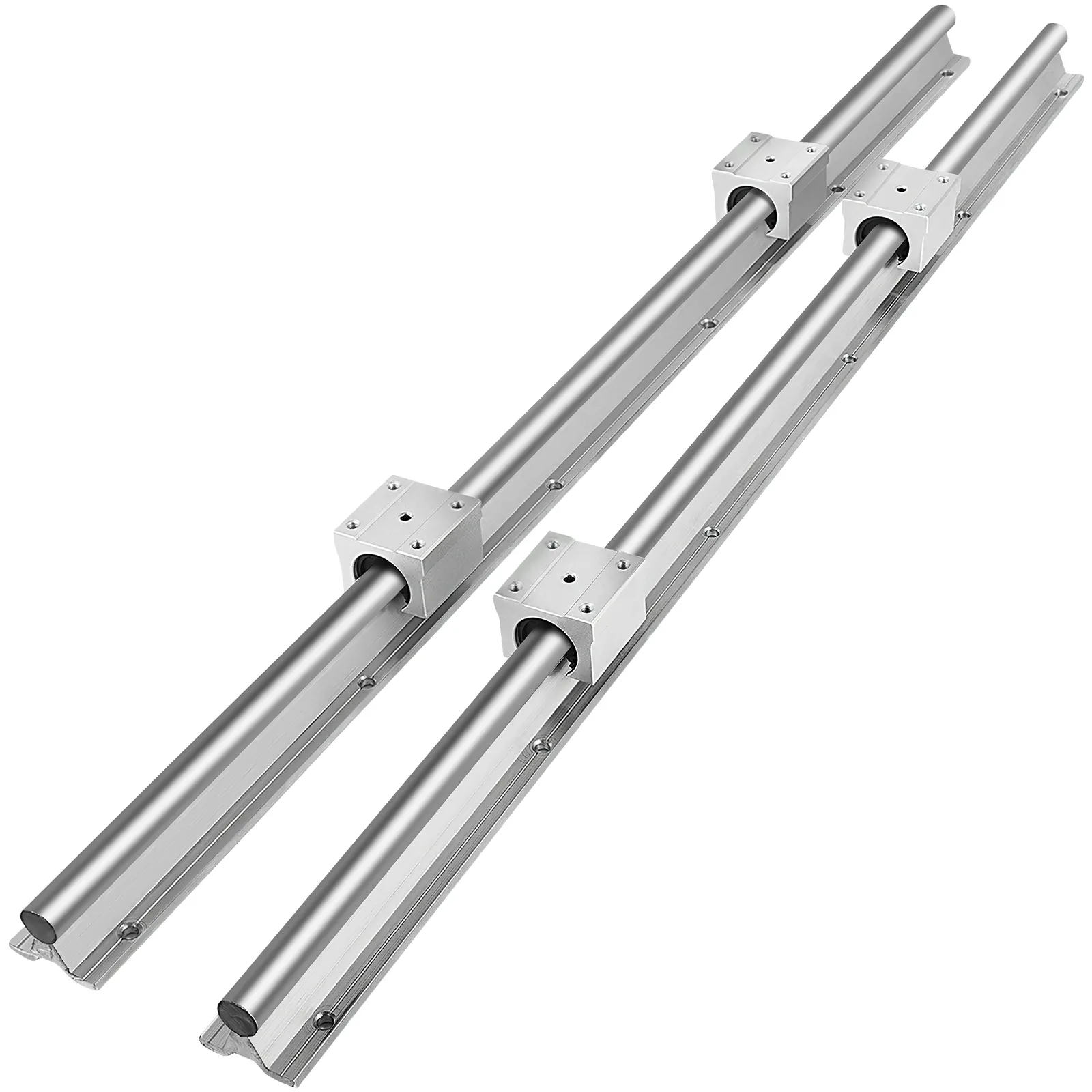 pair of silver VEVOR linear rails with mounted square blocks for precise movement.