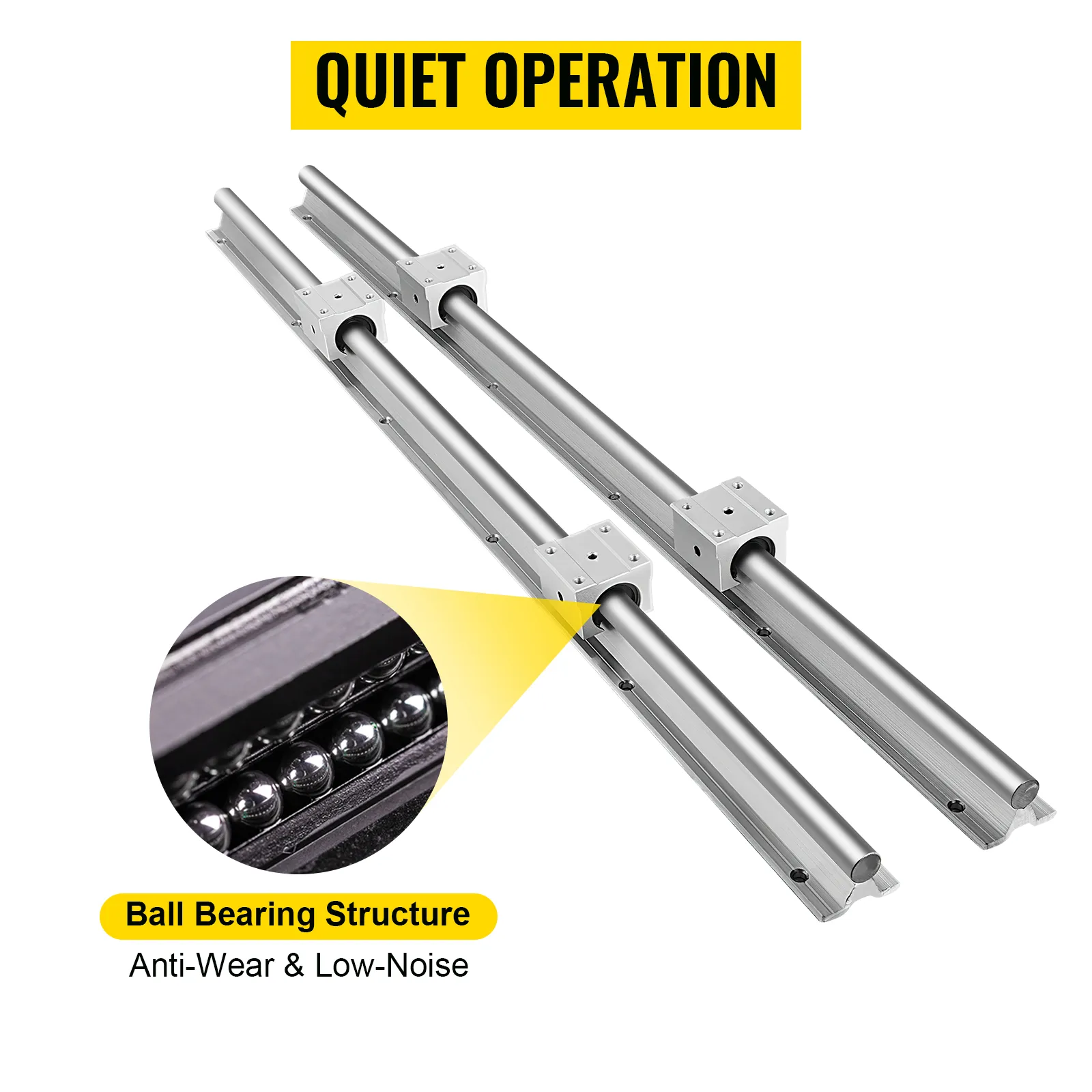 VEVOR linear rail with anti-wear, low-noise ball bearing structure for quiet operation.