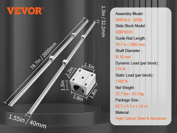 VEVOR linear guide rails, sbr16-c 2000l & sbr16uu, 78.7in length, 16mm shaft, high carbon steel & aluminum.