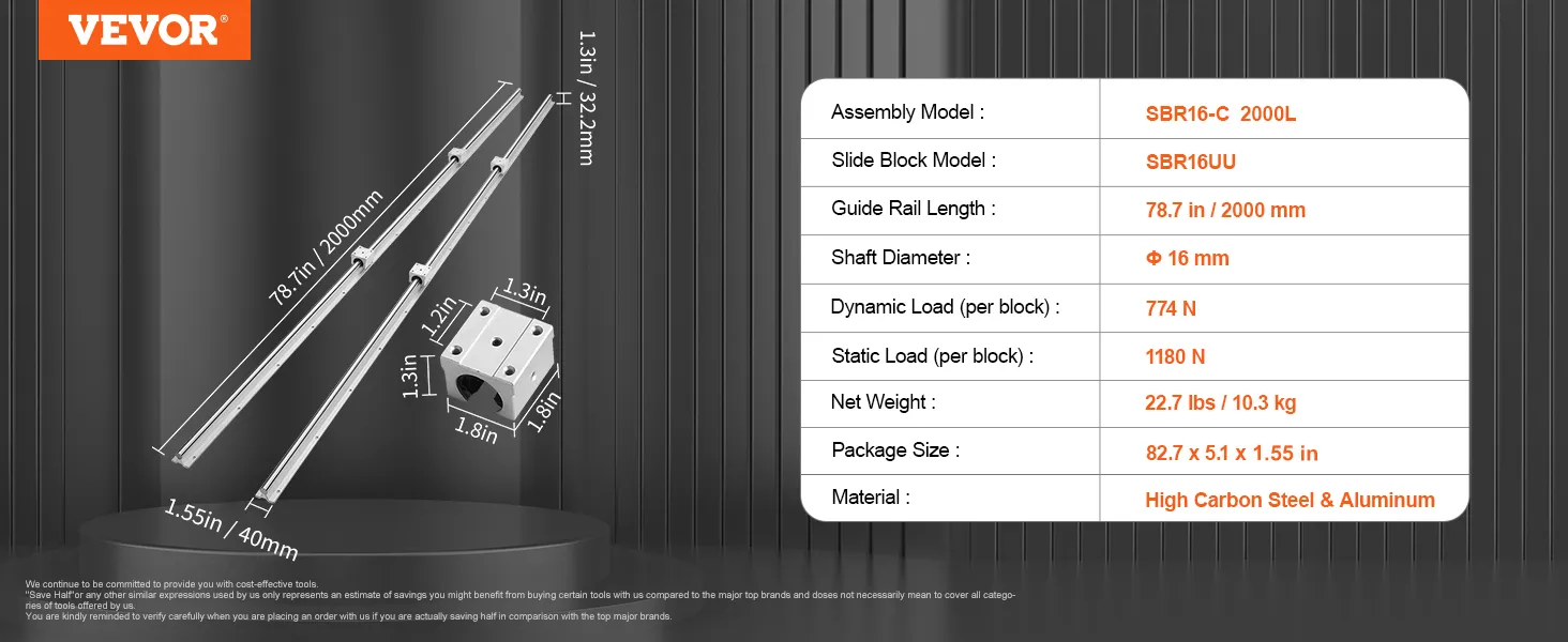 VEVOR linear guide rails, sbr16-c 2000l & sbr16uu, 78.7in length, 16mm shaft, high carbon steel & aluminum.