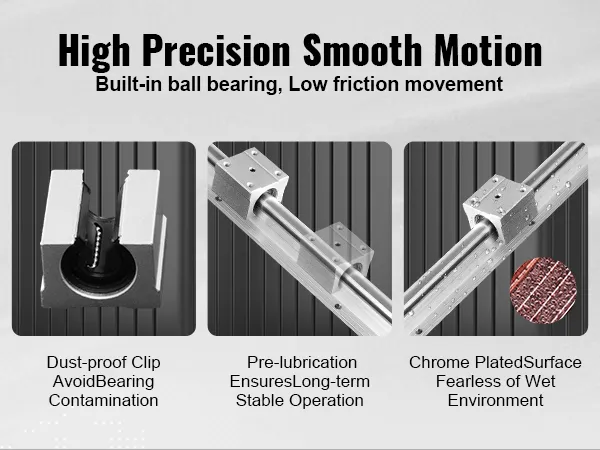 high precision smooth motion VEVOR linear guide rails with built-in ball bearings and chrome-plated surface.