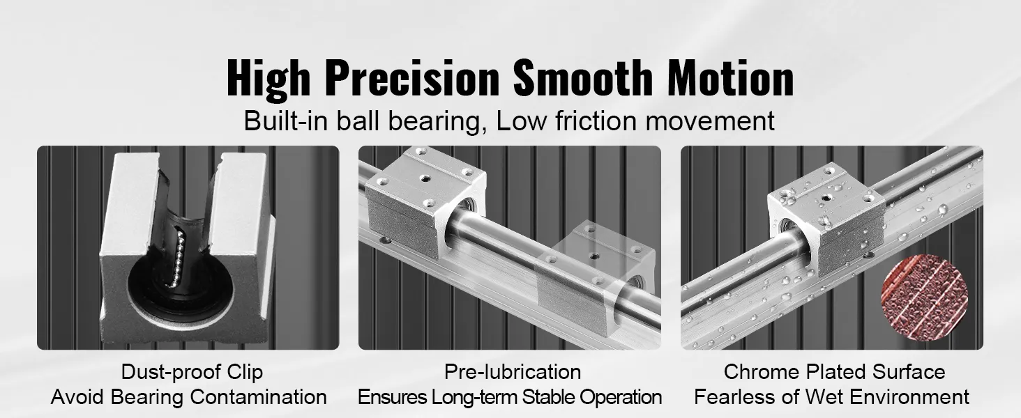 high precision smooth motion VEVOR linear guide rails with built-in ball bearings and chrome-plated surface.