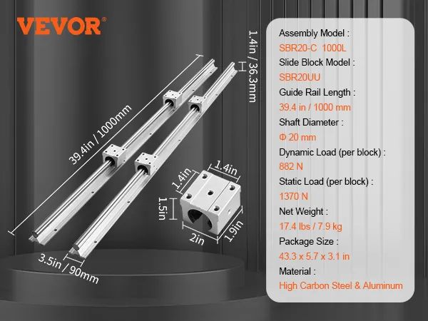 VEVOR linear guide rail set, sbr20-c 1000l, 2 slide blocks, 39.4in length, 20mm diameter, high carbon steel.